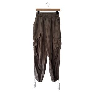Zara Pants Womens Size M-L Brown Elastic Waist Striped Highwaist Parachute Cargo